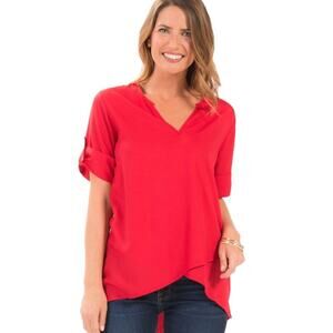 Escapada Asymmetrical Hem Roll Tab Blouse in Pink